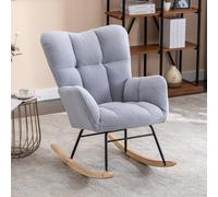 Rocking chair, high backrest teddy cushion nursing chair, reading chair, with black painted metal frame and wooden swinging legs, suitable for living rooms, daycare centers, bedrooms (Light gray)