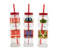 ROCKING GIFTS Confezione da x3 Bicchiere in Vetro Con Cannuccia Riutilizzabile, Saldati Schiaccianoci, Design Natalizio, Regalo Re Magi, Decorazione Natale, Capacit‡ 250 ML, 19 cm