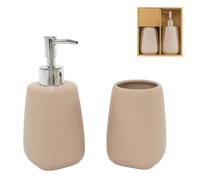 ROCKING GIFTS Ensemble de salle de bain beige, distributeur de savon et gobelet en céramique, set d'accessoires de salle de bain 2 pièces, distributeur de savon et gobelet pour lavabo, toilettes