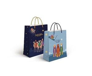 ROCKING GIFTS Lot de 2 petits sacs en papier pour un emballage facile, imprimé bleu avec les trois rois saints, avec étiquette nominative, 12 x 7 x 14 cm