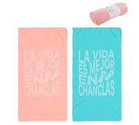 ROCKING GIFTS Lot de 2 serviettes de plage en microfibre absorbante 90 x 170 cm, rose et bleu, message en espagnol, fin et compact