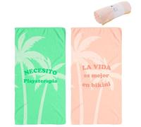 ROCKING GIFTS Lot de 2 serviettes de plage en microfibre absorbante 90 x 170 cm, vert et orange, message en espagnol, fin et compact