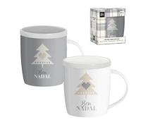 ROCKING GIFTS Lot de 2 tasses à thé en céramique avec couvercle et filtre infuseur, Bon Nadal Noël en catalan, 350 ml