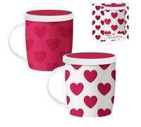 ROCKING GIFTS Lot de 2 tasses à thé en céramique avec couvercle et filtre infuseur, cœurs de Saint-Valentin, blanc et rouge, 350 ml