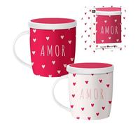 ROCKING GIFTS Lot de 2 tasses à thé en céramique avec couvercle et filtre infuseur, Saint Valentin en espagnol, blanc et rouge, 350 ml