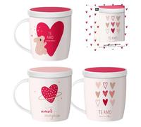 ROCKING GIFTS Lot de 3 tasses à thé en céramique avec couvercle et filtre infuseur, Saint Valentin en espagnol, blanc et rose, 350 ml