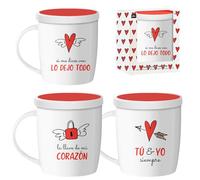 ROCKING GIFTS Lot de 3 tasses à thé en céramique avec couvercle et filtre infuseur, Saint Valentin en espagnol, blanc et rouge, 350 ml