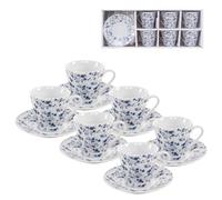 ROCKING GIFTS Service à café 6 petites tasses 90 ml avec assiette, céramique blanche avec fleurs bleues vintage, passe au lave-vaisselle et au micro-ondes, pour invités de fête