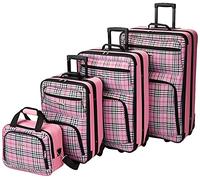 Rockland Ensemble de 4 valises, Rose/Plaid, Taille Unique, Ensemble de valises Verticales Extensibles Tendance Softside