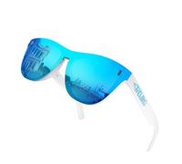ROCKNIGHT Lunettes de soleil HD polarisées UV400 anti-reflets ultra légères Monture TR90 douce pour la peau Verres plats, Monture blanche/verres bleus, Medium