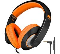 RockPapa Casque Audio Enfant, Over Ear Casque Filaire avec Micro pour Enfants, Pliable, Serre-tête Ajustable, Audio Jack 3,5mm, pour Garçons Filles École Voyage PC Tablette Téléphones (Noir Orange)