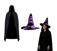 RockParty Costume de sorcière d'Halloween, cape noire à capuche avec chapeau en velours ruban violet, déguisement
