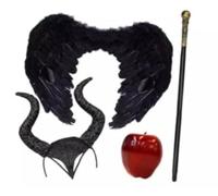 RockParty Costume d'Halloween de sorcière maléfique avec bandeau en corne, ailes noires, canne et pomme rouge pour femme