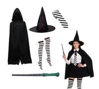 RockParty Mildred Costume de sorcière Hubble 5 pièces pour enfants et adultes comprenant chapeau, baguette, cape, cravate rayée et bas