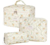 Rockreyoa Trousse de toilette Coquette - En coton - Grande trousse de maquillage - Organisateur avec compartiment à brosse - Trousse de toilette Kawaii - Motif fleurs orange sur jaune - 19 x 8 x 6 cm