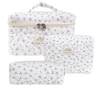 Rockreyoa Trousse de toilette Coquette - En coton - Grande trousse de maquillage - Organiseur avec compartiment à brosse - Kawaii - Trousse de toilette matelassée - Petite cerise - 19 x 8 x 6 cm