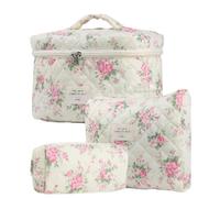 Rockreyoa Trousse de toilette Coquette - En coton - Grande trousse de maquillage - Organiseur avec compartiment à brosse - Kawaii - Trousse de toilette matelassée - 26 x 7 x 18 cm - Rose