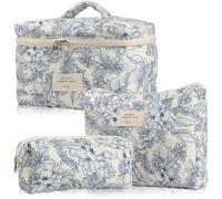 Rockreyoa Trousse de toilette Coquette - En coton - Grande trousse de maquillage - Organiseur avec compartiment à brosse - Kawaii - Trousse de toilette matelassée - Motif fleurs bleu foncé - 25 x 16 x