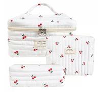 Rockreyoa Trousse de toilette Coquette - En coton - Grande trousse de maquillage - Organiseur avec compartiment à brosse - Kawaii - Trousse de toilette matelassée - Motif fleurs - Grande cerise - 19 x