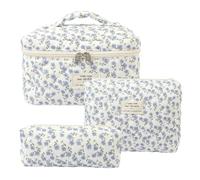 Rockreyoa Trousse de toilette Coquette - En coton - Grande trousse de maquillage - Organiseur avec compartiment à brosse - Kawaii - Trousse de toilette matelassée - Motif paon bleu - 25 x 16 x 16 cm