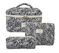 Rockreyoa Trousse de toilette Coquette - En coton - Grande trousse de maquillage - Organiseur avec compartiment à brosse - Kawaii - Trousse de toilette matelassée - Motif roses noires - 19 x 8 x 6 cm