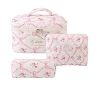 Rockreyoa Trousse de toilette Coquette - En coton - Grande trousse de maquillage - Organiseur avec compartiment à brosse - Kawaii - Trousse de toilette matelassée - Motif floral - 19 x 8 x 6 cm