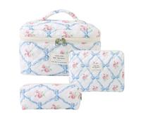 Rockreyoa Trousse de toilette Coquette - En coton - Grande trousse de maquillage - Organiseur avec compartiment à brosse - Kawaii - Trousse de toilette matelassée - Fleurs bleues rhombiques - 19 x 8 x