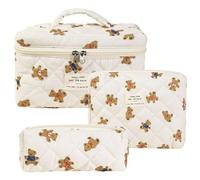 Rockreyoa Trousse de toilette de voyage Coquette - En coton - Grande trousse de maquillage - Organiseur avec compartiment à brosse - Kawaii - Trousse de toilette matelassée - Motif ours #2 - 19 x 8 x