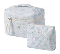 Rockreyoa Trousse de toilette de voyage Coquette - En coton - Grande trousse de maquillage - Organiseur avec compartiment à brosse - Kawaii - Trousse de toilette matelassée - Motif roses bleues - 26 x