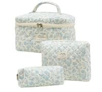 Rockreyoa Trousse de toilette de voyage Coquette - En coton - Grande trousse de maquillage - Organiseur avec compartiment à brosse - Kawaii - Trousse de toilette matelassée - Fleurs bleues sur blanc -