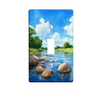 Rocks Plaque d'interrupteur mural simple pour salle de bain, aquarelle, rivière, arbres, été, bleu, taille standard, en plastique, pour chambre à coucher, bureau, cuisine, entrée (simple)