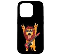 Rockstar Lion Guitarist Rouleau de métal avec Double Cornes Pop Graphic Coque pour iPhone 15 Pro