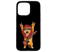 Rockstar Lion Guitarist Rouleau de métal avec Double Cornes Pop Graphic Coque pour iPhone 15 Pro Max