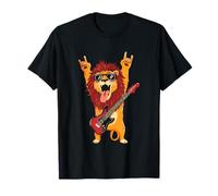 Rockstar Lion Guitarist Rouleau de métal avec Double Cornes Pop Graphic T-Shirt