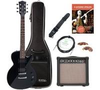 Rocktile L-100 BL Guitare Électrique noire Starter Set, Corps: tilleul | Manche: érable vissé, 2x micros Humbucker, 22 frettes medium, Touche palissandre, Incrustations: points, Mécaniques: die-cast