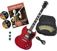 Rocktile Pro S-R Guitare électrique Heritage Cherry avec accessoires (housse de transport, câbles, médiators, école de guitare avec CD et DVD, cordes de guitare)