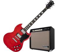 Rocktile Pro S-Red Guitare Électrique Heritage Cherry Set Ampli, 22 frettes | Modèle: S-Red, 2 micros Humbucker, Matériel chromé, Touche: palissandre, Manche collé en érable, Corps: tilleul, 2 mm, 34 kg