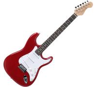 Rocktile Sphere Classic Rouge Guitare Électrique, pickguard blanc, 3x single coil, 21 frettes, manche Engineering Wood, vibrato vintage string thru, câble 2,5m, levier vibrato, clé Allen.