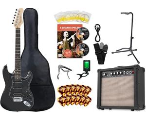 Rocktile Super Kit Ensemble Complet Guitare Électrique (Ampli, Accordeur, Capodastre, Sangle, Médiators, Housse, Support de Guitare et Cours avec CD/DVD) noir