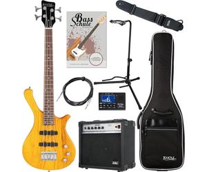 Rocktile TB-4 NHS Traveler E-Bass - Basse électrique 4 cordes au format voyage - 2 micros single coil - Inclus ampli, housse, accordeur, sangle, support, câble et méthode - Natural Honey Stain