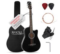 Rocktile WSD-5C-BK Slim Line Set de Guitares Western - Guitare Acoustique Dreadnought - Corps en Tilleul - Manche : Catalpa - Set avec Housse, Cordes de Rechange, Sangle et Médiators - Noir