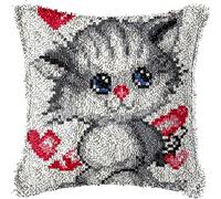 ROCKY&CHAO Ensemble de tapis à nouer soi-même avec coussins - 43 x 43 cm - Pour adultes et enfants - Accessoire de maison (amour chat gris)