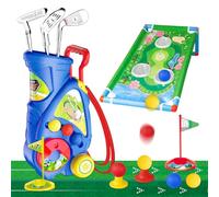 Rocky&Chao Jouet de Golf 16 pièces pour Enfants dès 3 Ans - avec Chariot/Valise à roulettes, 3 Clubs, 6 balles, Planche Cornhole et Tapis de Putting - Mini-Golf intérieur et extérieur