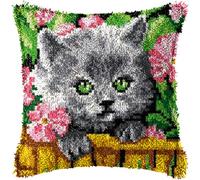 ROCKY&CHAO Kit de crochets à loquet 43 x 43 cm, motif chat mignon, taie d'oreiller à faire soi-même, pour débutants, enfants et adultes, décoration d'intérieur