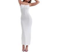 Rocky Green Robe longue d'été sexy à bretelles spaghetti en tricot pour femme - Sans manches - Dos fendu, blanc, M