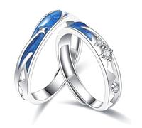 Rockyu Bague Femme Homme Taille Unique Argent 925 Ciel Bleu Étoiles Lune Style Couples Bague Assortie Bague Métal Hypoallergénique Bague de Fiançailles New York, Argent sterling, Zircone cubique