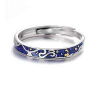 Rockyu Bague pour femme, homme, taille unique pour lune, argent 925, ciel bleu, étoiles, lune, histoire des bagues, style couple, bagues assorties, hypoallergénique, bague en argent sterling, bague de