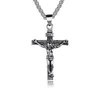 Rockyu Collier avec pendentif en forme de croix dorée pour homme en acier inoxydable 55,9 cm Christ sur Crucifix INRI Crucifixion Catholique Jésus en bois imitation croix Religion Bijoux Cadeau pour
