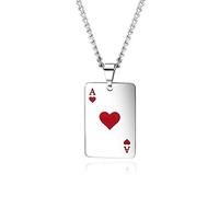 Rockyu Collier de poker pour homme en acier inoxydable argenté avec pendentif carte de poker Ace Spade Rouge 61 cm