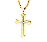 Rockyu Collier pour homme avec pendentif croix doré/argenté/noir/bleu avec verset de la Bible gravé en acier inoxydable 61 cm Cadeau de Noël, Acier inoxydable, Pas de gemme